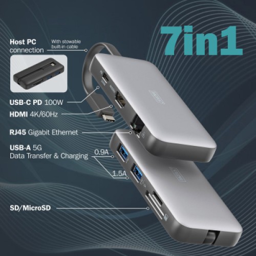 Порт-репликатор Digitus USB-C > HDMI/2xUSB-A/USB-C/SD/MicroSD/RJ54 (DA-70914)