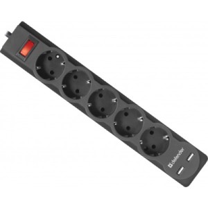 Сетевой фильтр питания Defender DFS 751, 1.8m, 5роз., 2xUSB (99751)