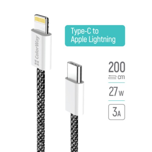 Дата кабель USB-C to Lightning 2.0m (PDF Fast Charging 27W) black ColorWay (CW-CBPDCL068-BK)