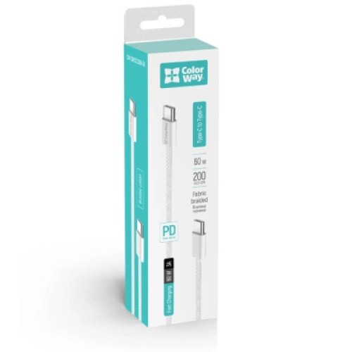 Дата кабель USB-C to USB-C 2.0m (braided cotton) (PD Fast Charging 60W) 3.0А grey ColorWay (CW-CBPDCC068-GR)