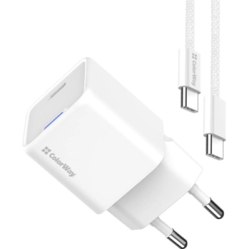 Зарядное устройство ColorWay GaN Mini 25W PD Port PPS USB-C white cable Type-C (CW-CHS052PDC-WT)