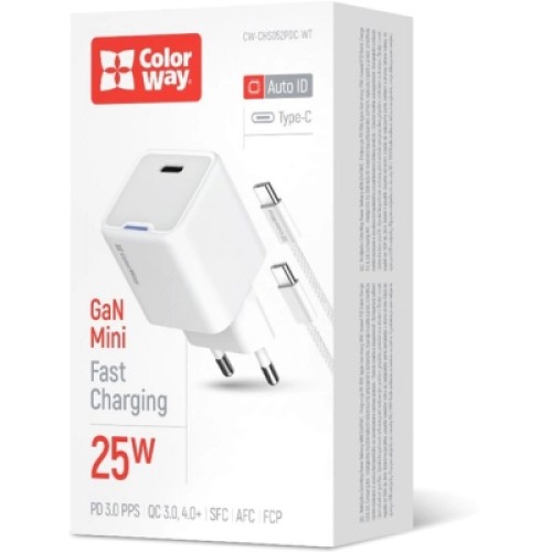 Зарядное устройство ColorWay GaN Mini 25W PD Port PPS USB-C white cable Type-C (CW-CHS052PDC-WT)