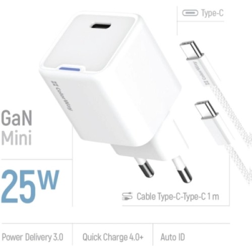 Зарядное устройство ColorWay GaN Mini 25W PD Port PPS USB-C white cable Type-C (CW-CHS052PDC-WT)