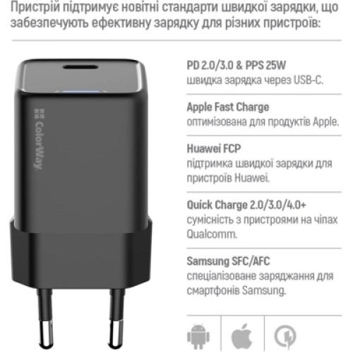 Зарядное устройство ColorWay GaN Mini 25W PD Port PPS USB-C black (CW-CHS052PD-BK)