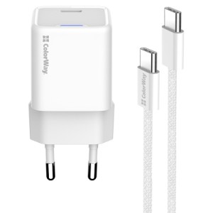 Зарядное устройство ColorWay GaN Mini 30W PD Port PPS USB (Type-C PD + USB QC4.0) cable Type-C (CW-CHS053PDC-WT)