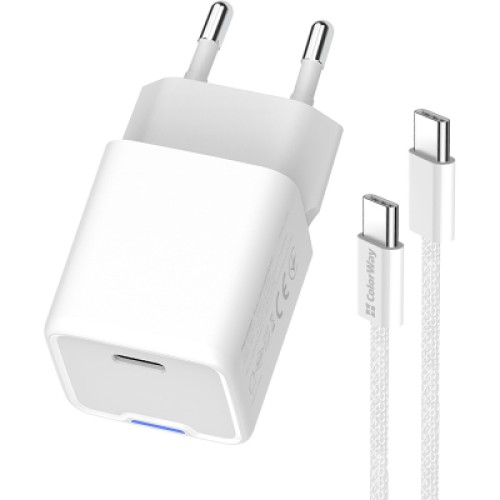 Зарядное устройство ColorWay GaN Mini 30W PD Port PPS USB (Type-C PD + USB QC4.0) cable Type-C (CW-CHS053PDC-WT)
