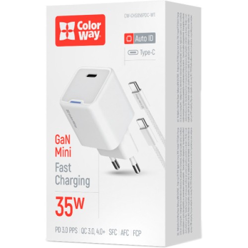 Зарядное устройство ColorWay GaN Mini 30W PD Port PPS USB (Type-C PD + USB QC4.0) cable Type-C (CW-CHS053PDC-WT)