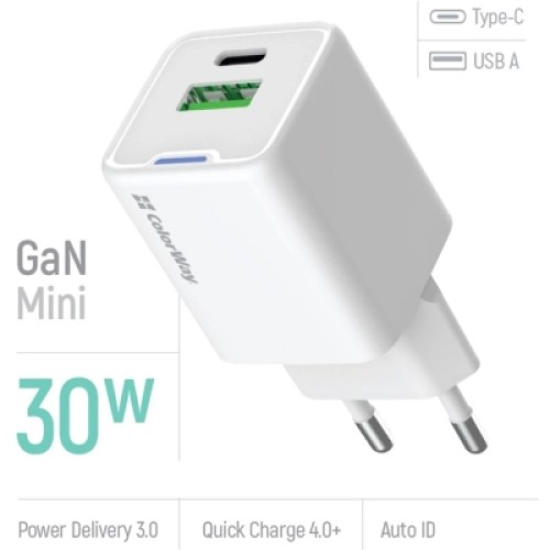 Зарядное устройство ColorWay GaN Mini 30W PD Port PPS USB (Type-C PD + USB QC4.0) white (CW-CHS053PD-WT)