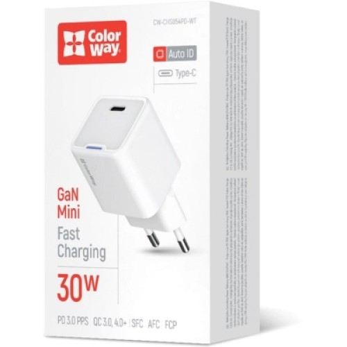 Зарядное устройство ColorWay GaN Mini 30W PD Port PPS USB-C white (CW-CHS054PD-WT)