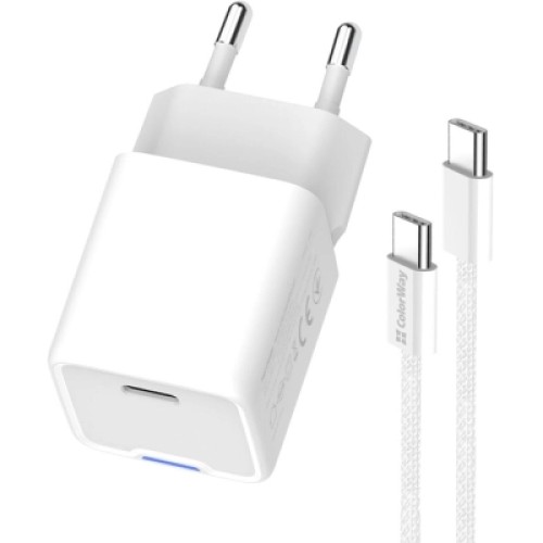Зарядное устройство ColorWay GaN Mini 30W PD Port PPS USB-C white + cable Type-C (CW-CHS054PDC-WT)