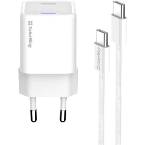Зарядное устройство ColorWay GaN Mini 30W PD Port PPS USB-C white + cable Type-C (CW-CHS054PDC-WT)