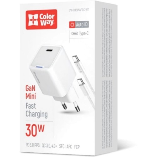Зарядное устройство ColorWay GaN Mini 30W PD Port PPS USB-C white + cable Type-C (CW-CHS054PDC-WT)