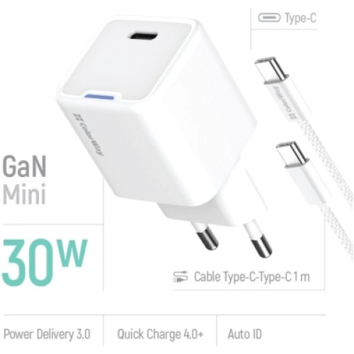 Зарядное устройство ColorWay GaN Mini 30W PD Port PPS USB-C white + cable Type-C (CW-CHS054PDC-WT)