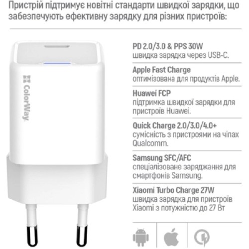 Зарядное устройство ColorWay GaN Mini 30W PD Port PPS USB-C white + cable Type-C (CW-CHS054PDC-WT)