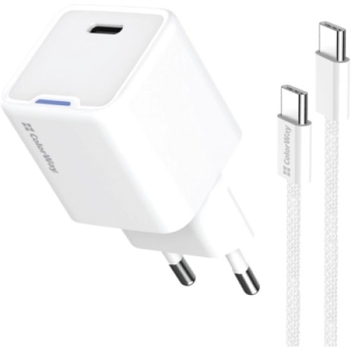 Зарядное устройство ColorWay GaN Mini 30W PD Port PPS USB-C white + cable Type-C (CW-CHS054PDC-WT)
