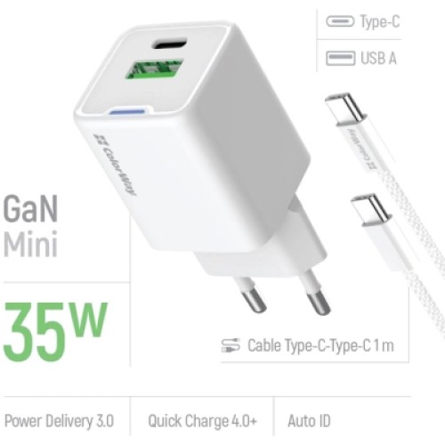 Зарядное устройство ColorWay GaN Mini 35W PD Port PPS USB (Type-C PD + USB QC4.0) cable Type-C (CW-CHS055PDC-WT)
