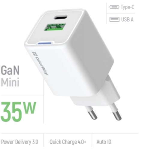 Зарядное устройство ColorWay GaN Mini 35W PD Port PPS USB (Type-C PD + USB QC4.0) white (CW-CHS055PD-WT)