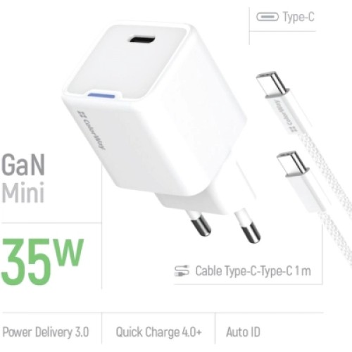 Зарядное устройство ColorWay GaN Mini 35W PD Port PPS USB-C white cable Type-C (CW-CHS056PDC-WT)