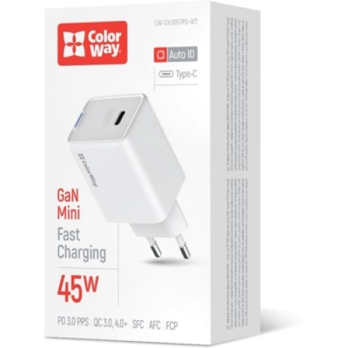 Зарядное устройство ColorWay GaN Mini 45W PD Port PPS USB-C white (CW-CHS057PD-WT)