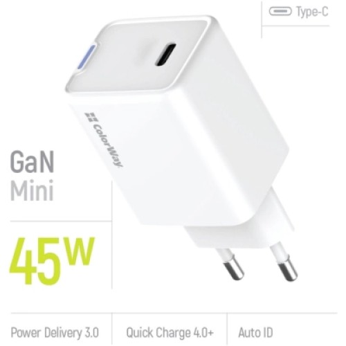 Зарядное устройство ColorWay GaN Mini 45W PD Port PPS USB-C white (CW-CHS057PD-WT)