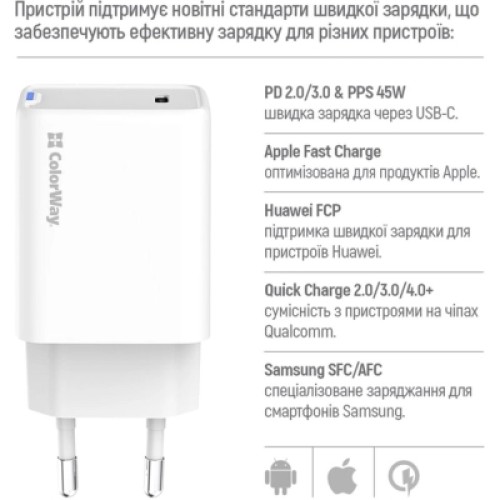 Зарядное устройство ColorWay GaN Mini 45W PD Port PPS USB-C white (CW-CHS057PD-WT)