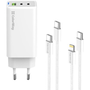 Зарядное устройство ColorWay GaN Mini 65W PD Port PPS USB (USB-2C1A) cable Type-C&Lightning (CW-CHS058PDCL-WT)