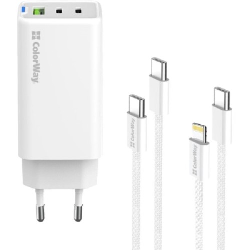 Зарядное устройство ColorWay GaN Mini 65W PD Port PPS USB (USB-2C1A) cable Type-C&Lightning (CW-CHS058PDCL-WT)