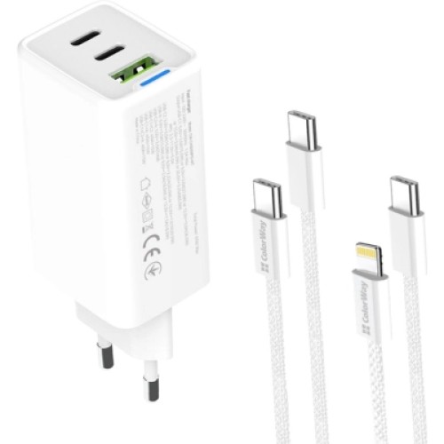 Зарядное устройство ColorWay GaN Mini 65W PD Port PPS USB (USB-2C1A) cable Type-C&Lightning (CW-CHS058PDCL-WT)
