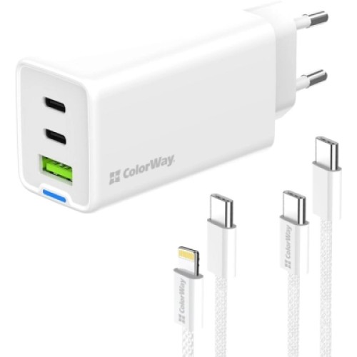 Зарядное устройство ColorWay GaN Mini 65W PD Port PPS USB (USB-2C1A) cable Type-C&Lightning (CW-CHS058PDCL-WT)