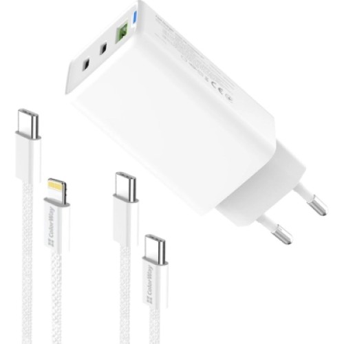 Зарядное устройство ColorWay GaN Mini 65W PD Port PPS USB (USB-2C1A) cable Type-C&Lightning (CW-CHS058PDCL-WT)