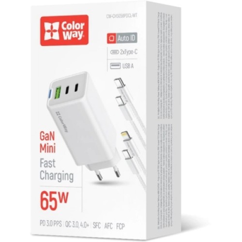 Зарядное устройство ColorWay GaN Mini 65W PD Port PPS USB (USB-2C1A) cable Type-C&Lightning (CW-CHS058PDCL-WT)