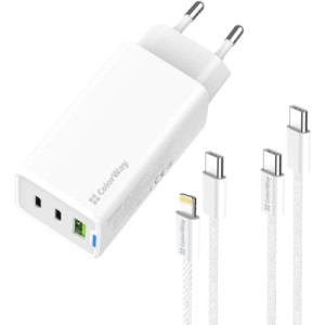 Зарядное устройство ColorWay GaN Mini 65W PD Port PPS USB (USB-2C1A) cable Type-C&Lightning (CW-CHS058PDCL-WT)