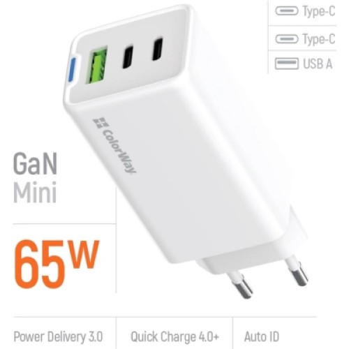 Зарядное устройство ColorWay GaN Mini 65W PD Port PPS USB (USB-2C1A) white (CW-CHS058PD-WT)