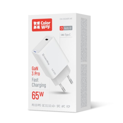 Зарядное устройство ColorWay GaN Mini 65W PD Port PPS USB-C white (CW-CHS049PD-WT)