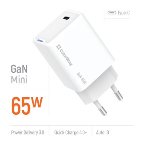 Зарядное устройство ColorWay GaN Mini 65W PD Port PPS USB-C white (CW-CHS049PD-WT)