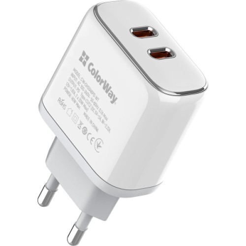 Зарядное устройство ColorWay Power Delivery Port PPS USB (Type-C PD + Type-C PD) (40W) white (CW-CHS048PD-WT)