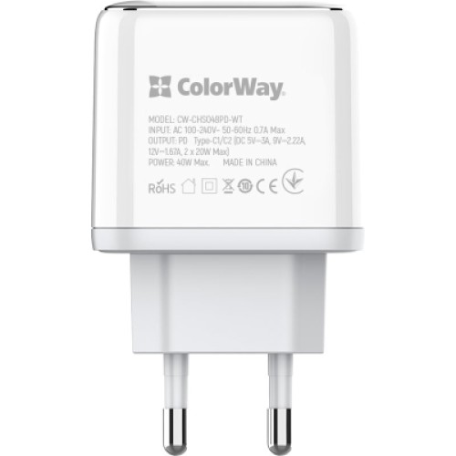 Зарядное устройство ColorWay Power Delivery Port PPS USB (Type-C PD + Type-C PD) (40W) white (CW-CHS048PD-WT)