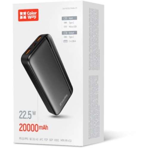 Батарея универсальная ColorWay 20 000 mAh Portable Charger (USB/QC3.0 + USB-C/PD/22.5W) Black (CW-PB200LPB4BK-PD)
