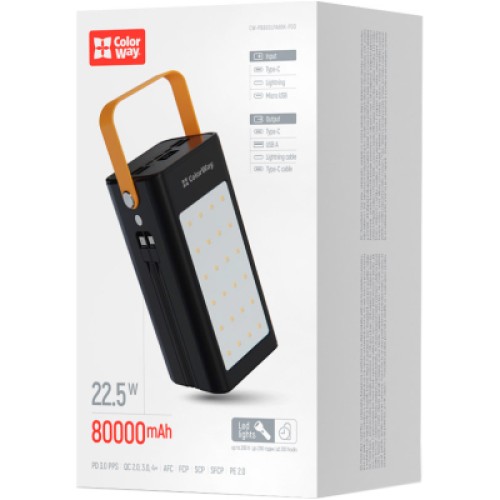 Батарея универсальная ColorWay 80 000 mAh LCD/Lamp (USB/QC3.0 + USB-C/PD/22.5W) Black (CW-PB800LPA8BK-PDD)