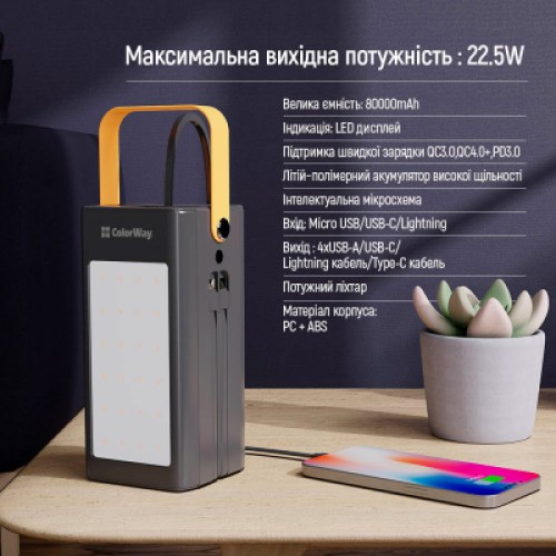 Батарея универсальная ColorWay 80 000 mAh LCD/Lamp (USB/QC3.0 + USB-C/PD/22.5W) Black (CW-PB800LPA8BK-PDD)