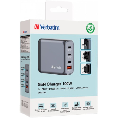 Зарядное устройство Verbatim GaN 100 W 4 ports (2xUSB-C-100 W,USB-C 65 W /USB-A -3.0) (32202)