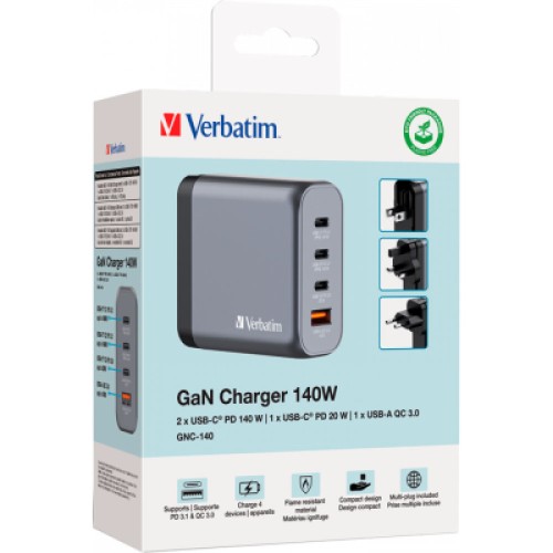 Зарядное устройство Verbatim GaN 140 W 4 ports (2xUSB-C-140 W,USB-C 20 W /USB-A -3.0) (32203)
