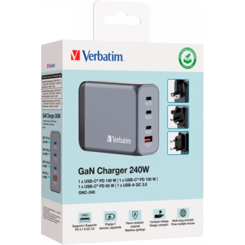 Зарядное устройство Verbatim GaN 240 W 4 ports (USB-C-140 W,USB-C-100 W,USB-C-65 W /USB-A -3.0) (32205)