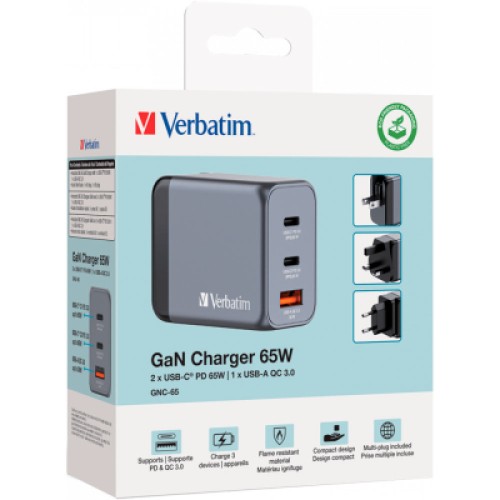 Зарядное устройство Verbatim GaN 65 W 3 ports (2xUSB-C-65 W /USB-A -3.0) (32201)