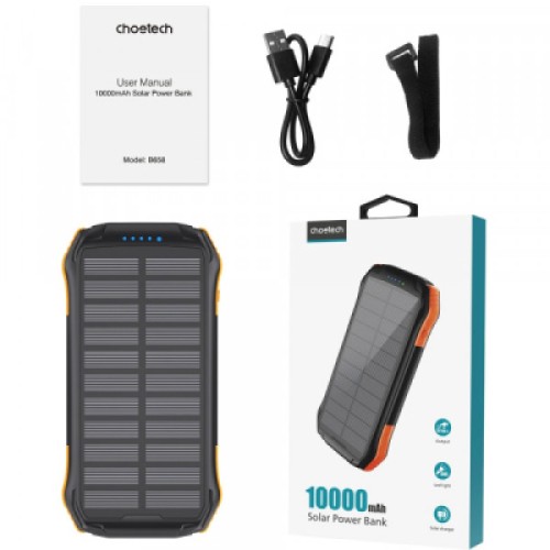 Батарея универсальная Choetech 10000mAh 10W 2USB-A+USB-C,solar panel Black-Orange (B658-OR)