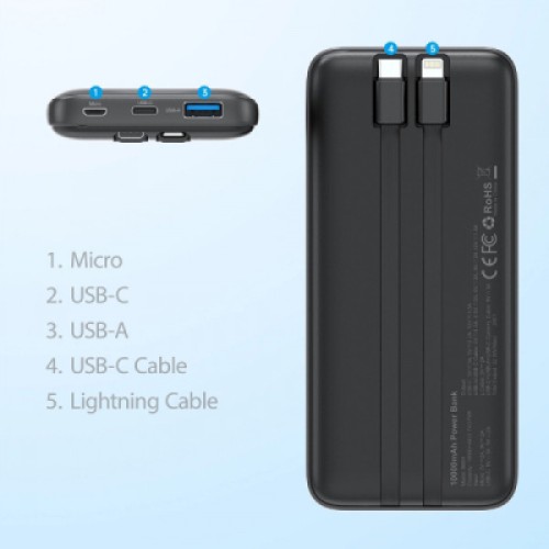 Батарея универсальная Choetech 10000mAh 22,5W, MicroUSB, USB-A, USB-C, build-in USB-C/Lightning cable (B654-BK)