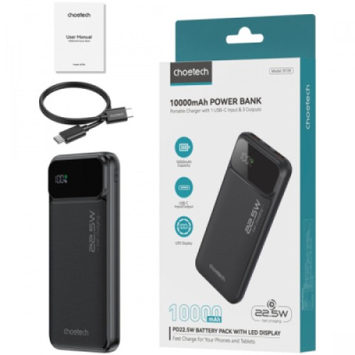 Батарея универсальная Choetech 10000mAh 22.5W, PD, QC/3.0, USB-A, USB-C, Black (B728-CCBK)