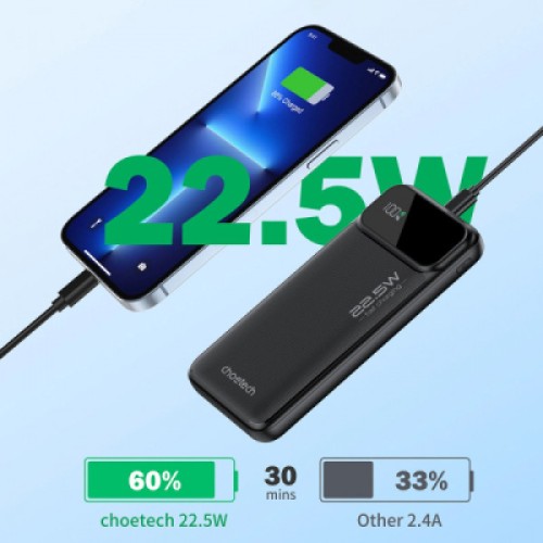 Батарея универсальная Choetech 10000mAh 22.5W, PD, QC/3.0, USB-A, USB-C, Black (B728-CCBK)