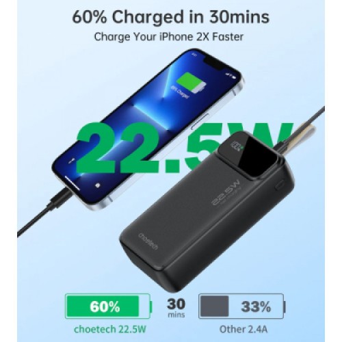 Батарея универсальная Choetech 30000mAh 22,5W, PD, QC/3.0, USB-C In/out, 2*USB-A (B730-ACBK)