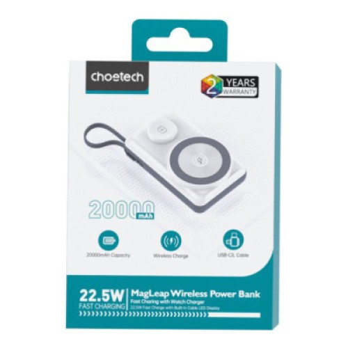 Батарея универсальная Choetech Magnetic Wireless 20000mAh 22.5W, PD, QC/3.0, Apple Watch charger, White (B696-GW)
